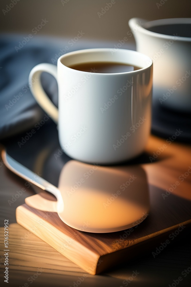 White coffee mug on the top of a desk, empty cup isolated for design, generative Ai White coffee mug on the top of a desk, empty cup isolated for design, generative Ai