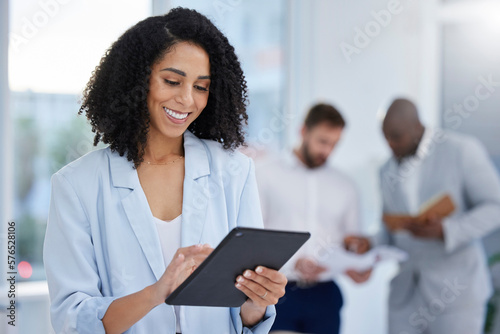 Smile, search and tablet with black woman in office for networking, communication and social media. Technology, internet and digital with employee reading online for news, planning and email report