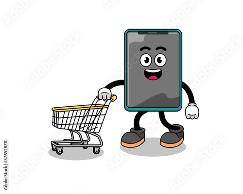 Cartoon of smartphone holding a shopping trolley