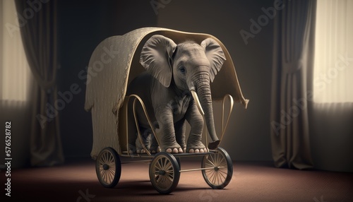 Adorable baby elephant with baby carriage. Created with Generative AI.