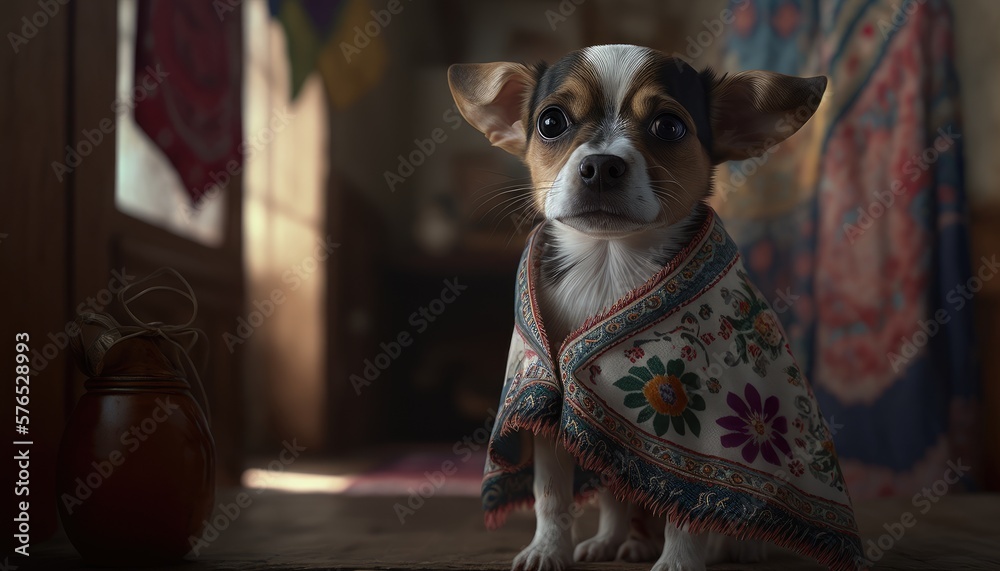 Adorable baby dog ​​with typical mexican clothes. Created with Generative AI.