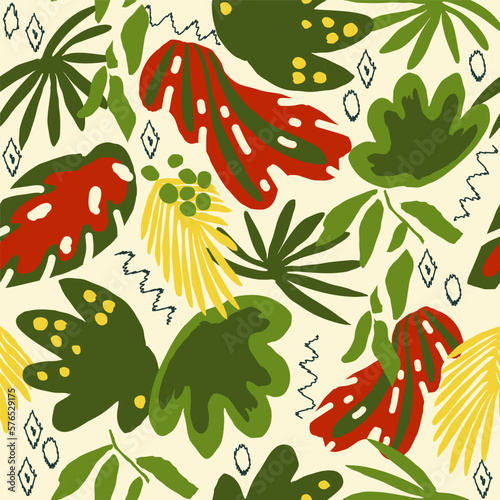 Bright tropical print  red flowers  palm leaves  plants. Abstract trendy yellow background. Seamless  pattern Hand drawn  vector