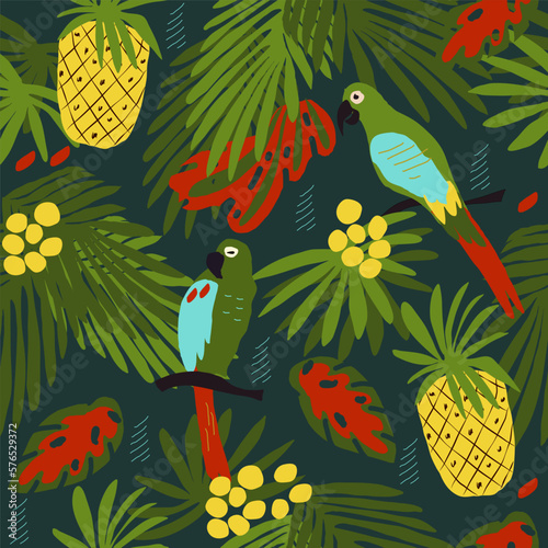 Bright tropical print, red flowers, palm leaves, parrot. Abstract trendy dark green background. Seamless  pattern Hand drawn, vector