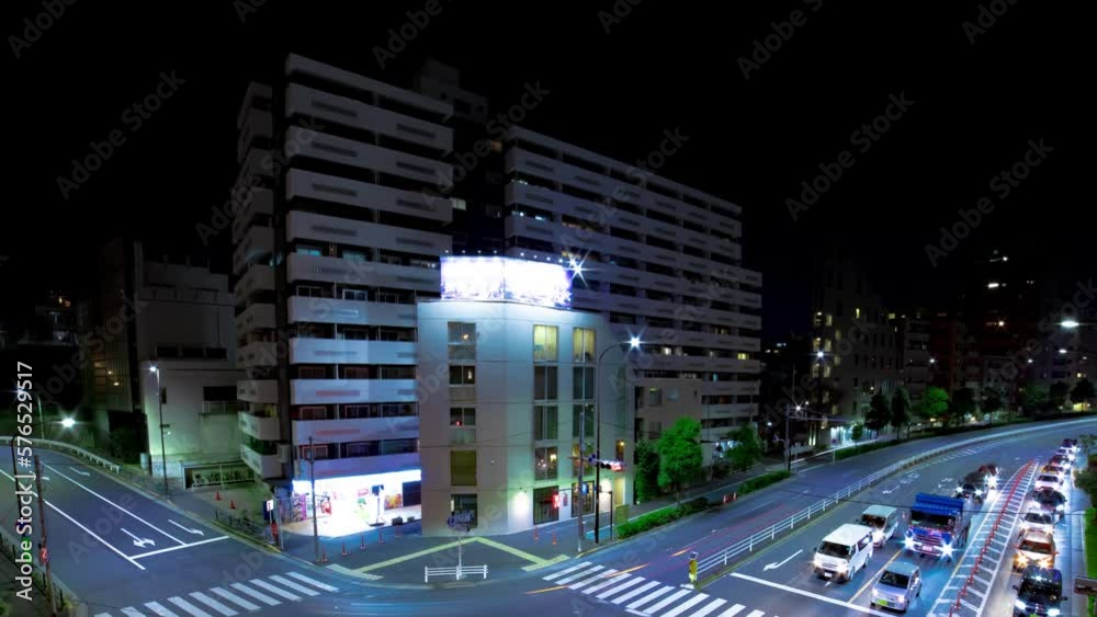 A night timelapse of traffic jam at Yamate avenue in Tokyo wide shot panning A night timelapse of traffic jam at Yamate avenue in Tokyo wide shot panning