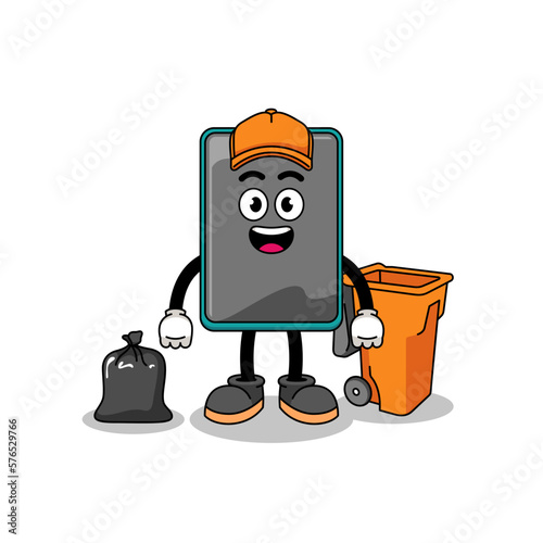 Illustration of smartphone cartoon as a garbage collector