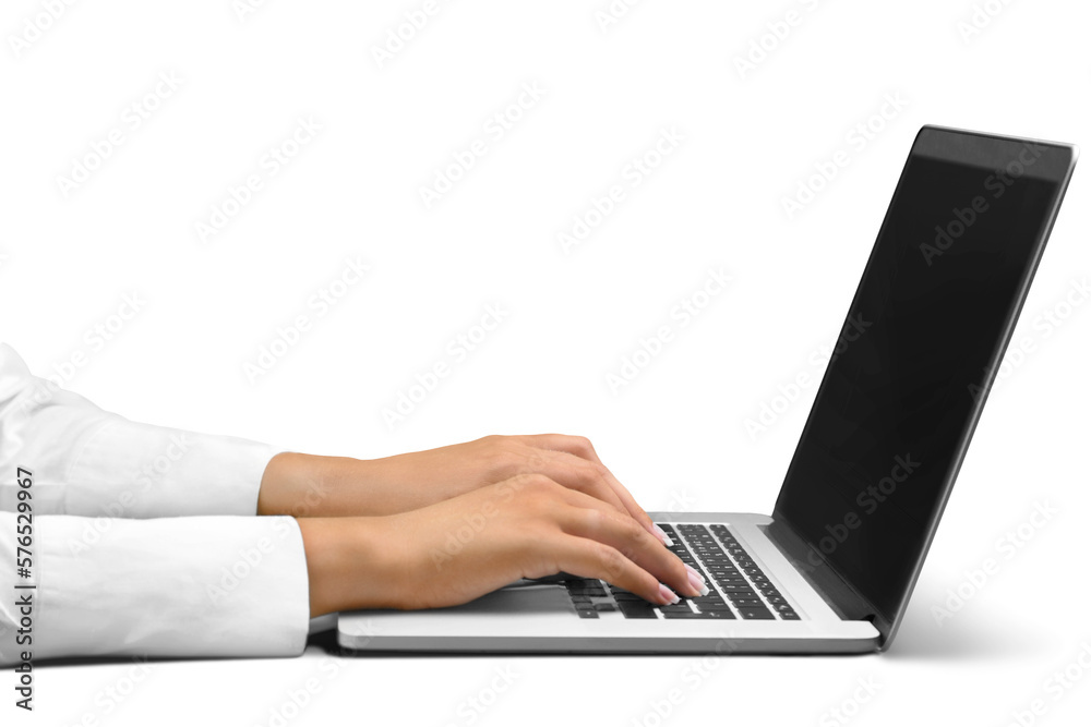 Female hands on laptop on a white background Female hands on laptop on a white background