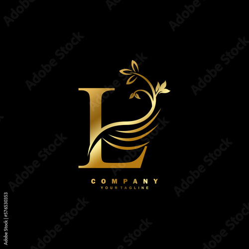 Gold luxury L letter logo with beautiful floral and feather ornament. feather logo. L typography, L monogram. Suitable for business logos, brands, companies, boutiques, beauty logos, etc