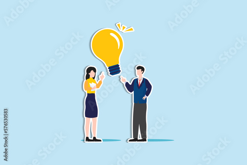 Communicate idea in business discussion, effective communication to brainstorm and come up with solution or result concept, businessman and woman coworker talking with lightbulb idea. paper cut style