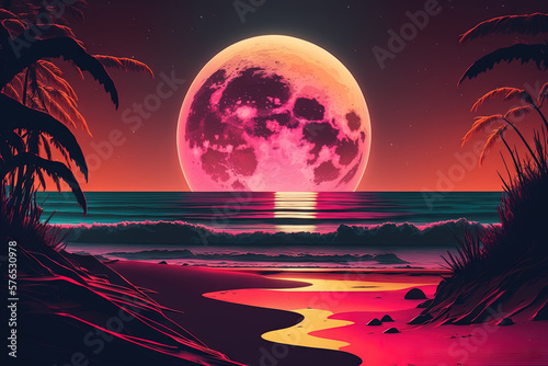 Retro futuristic synthwave style sunset at the beach colorful background with super moon behind it, generated with AI. Suitable for background design, wallpaper, futuristic website, poster, banner.