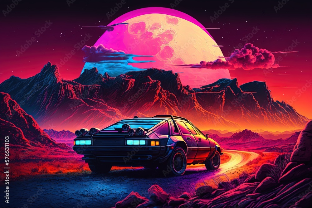 Retro futuristic synthwave style sunset at the mountain colorful background with super moon behind it, generated with AI. Suitable for background design, wallpaper, futuristic website, poster, banner. Retro futuristic synthwave style sunset at the mountain colorful background with super moon behind it, generated with AI. Suitable for background design, wallpaper, futuristic website, poster, banner.