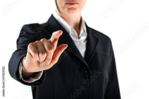 Businesswoman pointing you while standing against white background
