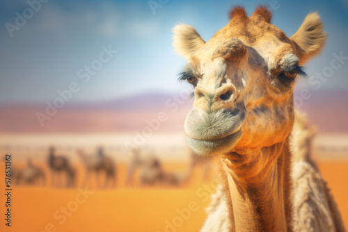 Camel in the desert in Dubai close up face and out of focus sky