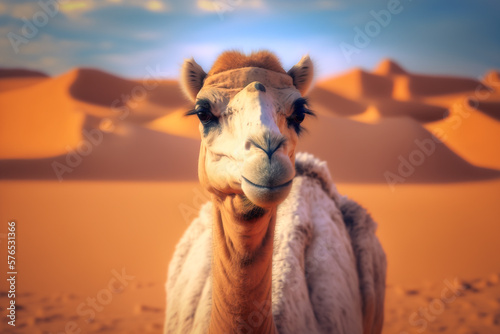 Camel in the desert in Dubai close up face and out of focus sky
