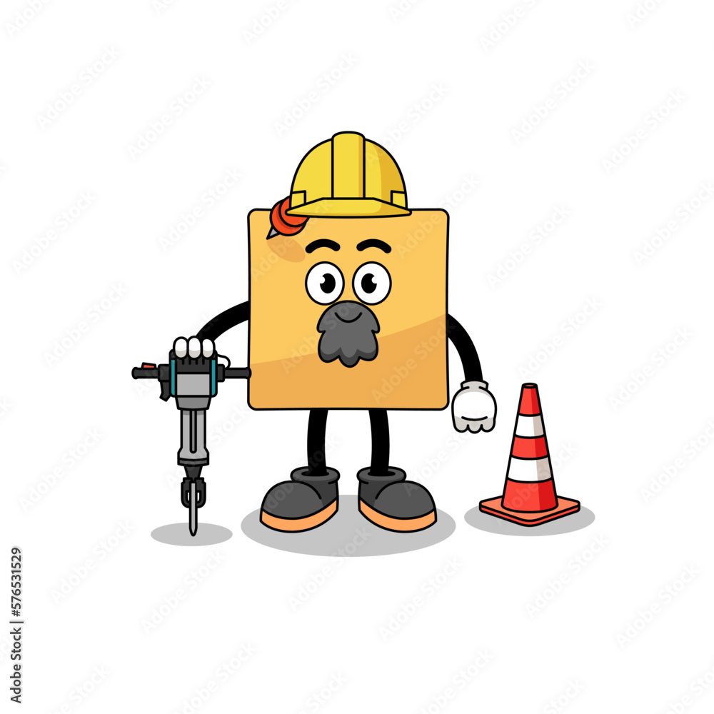 Character cartoon of sticky note working on road construction