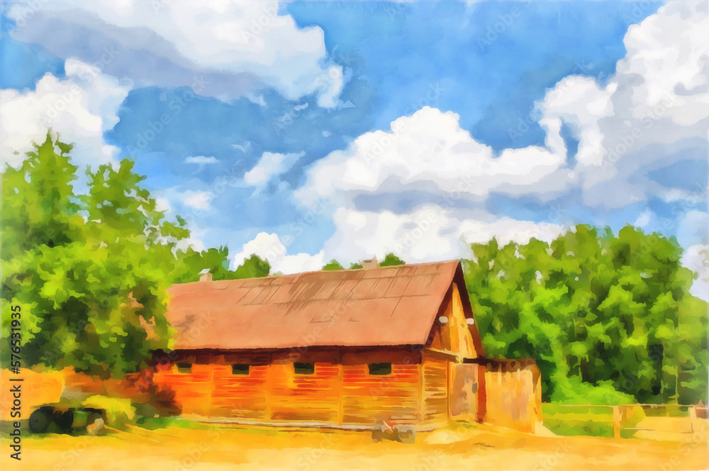 Watercolor rural landscape. Barn, stable in the village. Cart with hay, hedge on the background of the forest. Digital painting. Drawing watercolor. Travel and vacation concept.