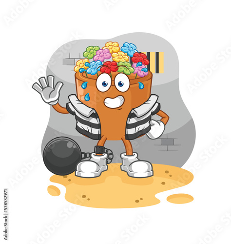 flowers in pot criminal in jail. cartoon character