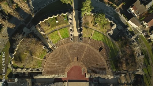 People walking in the roman theater Augusta Raurica top down drone lifting shot photo
