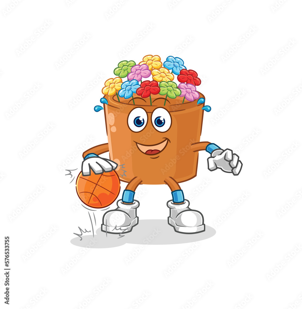 Obraz premium flowers in pot dribble basketball character. cartoon mascot vector