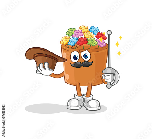 flowers in pot fencer character. cartoon mascot vector