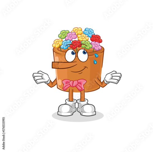 flowers in pot lie like Pinocchio character. cartoon mascot vector