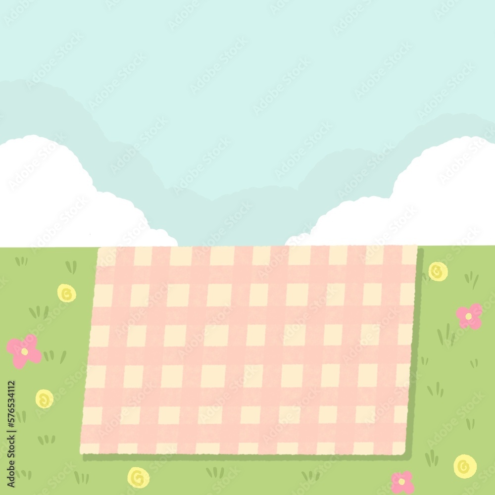 Pink empty picnic tablecloth in the green meadow.Hand drawn summer background template.for banners,advertising,poster. Pink empty picnic tablecloth in the green meadow.Hand drawn summer background template.for banners,advertising,poster.