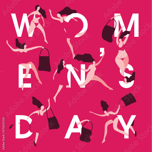 Greeting card. Flat vector illustration for International Women's Day. 8 March. Woman and girl run around with their purchases between letters. Banner for holiday. Gift for mother, sister, wife. 