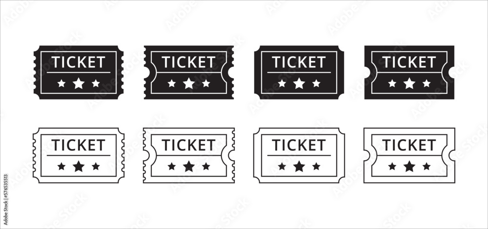 Ticket icon set. Movie theatre ticket with stub line icons. Raffle voucher coupon sign. Vector stock illustration. Flat outline design style. Ticket icon set. Movie theatre ticket with stub line icons. Raffle voucher coupon sign. Vector stock illustration. Flat outline design style.