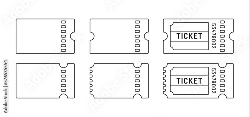 Ticket icon set. Movie theatre ticket with stub line icons. Raffle voucher coupon sign. Vector stock illustration in flat outline black color design.