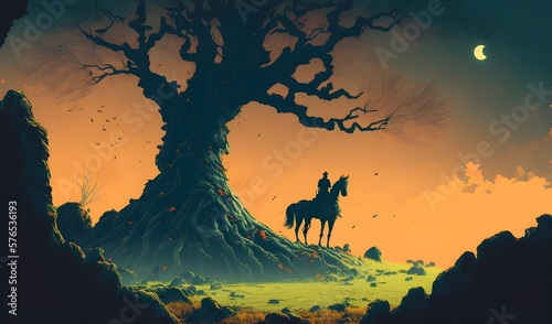 horseman and scary tree in the mysterious landscape, digital art style, illustration painting, Generative AI © MG