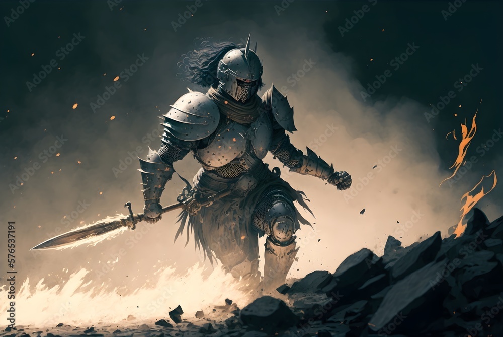 Fototapeta premium knight in iron armor swinging his magic ax on the battlefield, Generative AI
