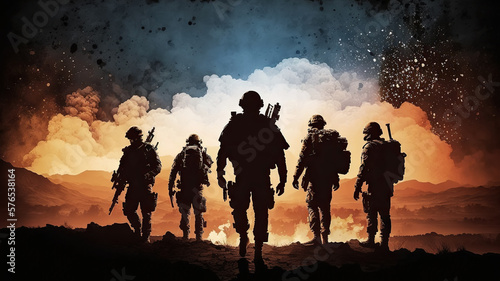 silhouette of group of soldiers with weapons against the background of sunset and explosions. Generative AI