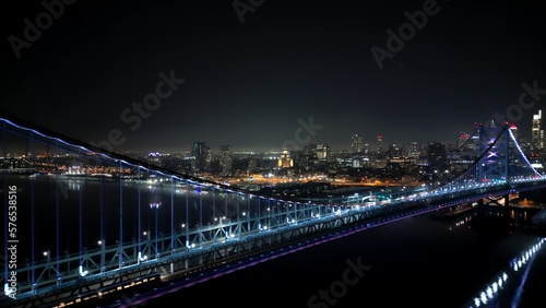 Ben Franklin Bridge and Skyline of Philadelphia at night - aerial view - drone photography