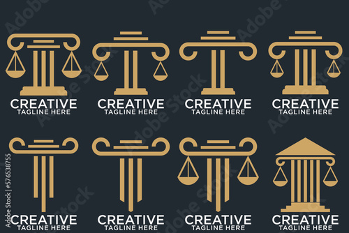 Law office logotypes set with scales of justice, gavel etc illustrations. Vector vintage attorney, advocate labels, juridical firm badges collection. Act, principle, legal icons design