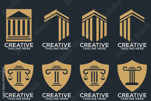 Law office logotypes set with scales of justice, gavel etc illustrations. Vector vintage attorney, advocate labels, juridical firm badges collection. Act, principle, legal icons design