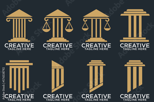 Law office logotypes set with scales of justice, gavel etc illustrations. Vector vintage attorney, advocate labels, juridical firm badges collection. Act, principle, legal icons design