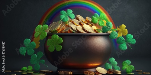 Lucky shamrocks with golden bokeh glitter. Pot of gold at the end of the Rainbow. St. Patrick's Day background. Luck of the Irish. Four Leaf clover.