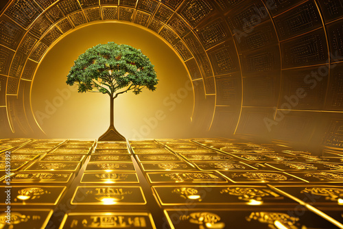 A Money Tree made of golden coins, a representation of investing, wealth growth and business success. Abundance, success, prosperity concept created with generative AI.