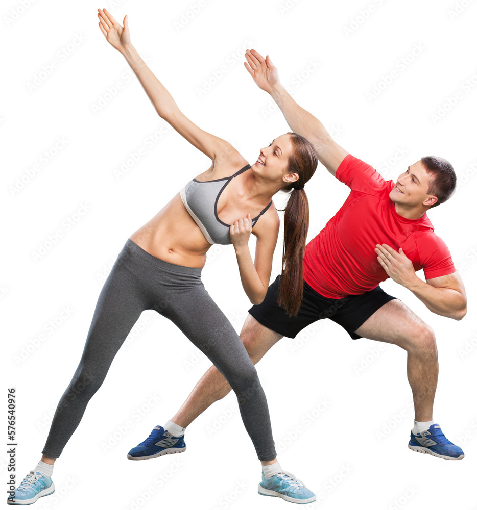 Young couple training together on white background Young couple training together on white background