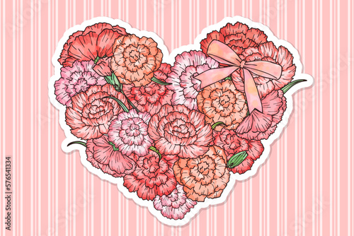 水彩風ハートのカーネーションイラストセット　主線あり・白フチ　シール風　ベクター