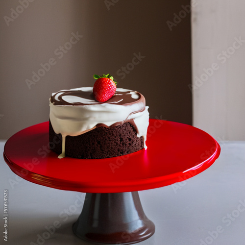 a beautiful chocolate cake with strawberry on a red table, Generative ai