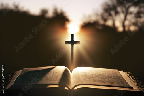 Fototapet Bright sun light and bible book and the cross silhouette of the Holy Jesus Christ guiding the bright path