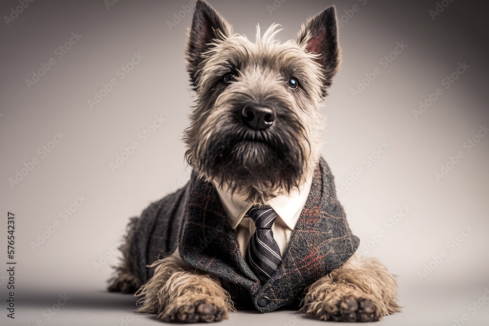 Portrait of a Cairn Terrier dog dressed in a formal business suit, generative ai