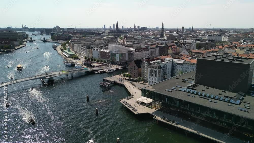 Aerial View of Copenhagne, Denmark Boats, Canals at Nyhavn Harbor