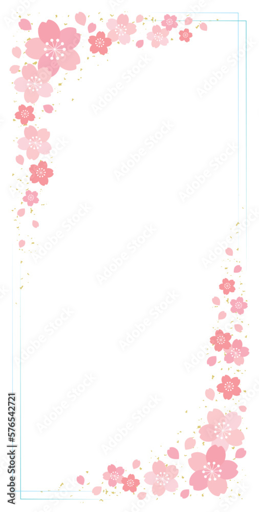 桜の花と細ラインの四角フレーム 背景 バナー/縦長・水色