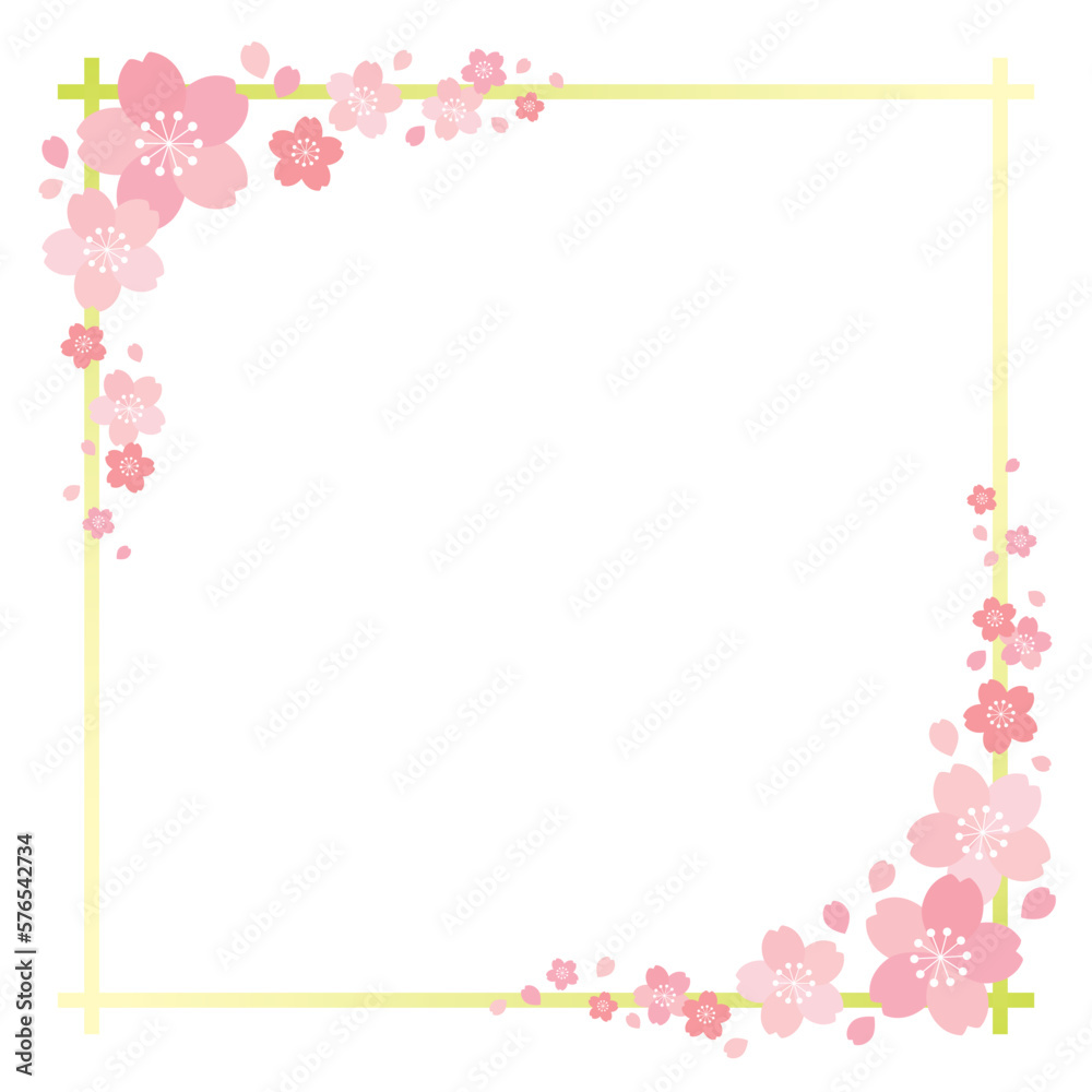 桜の花とグラデーションラインの四角フレーム 背景 バナー/正方形・黄緑