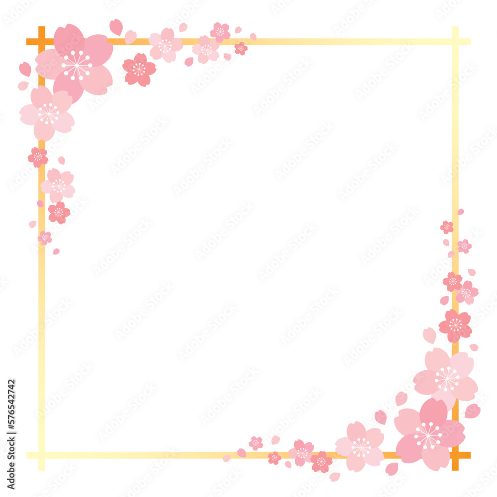 桜の花とグラデーションラインの四角フレーム 背景 バナー/正方形・オレンジ