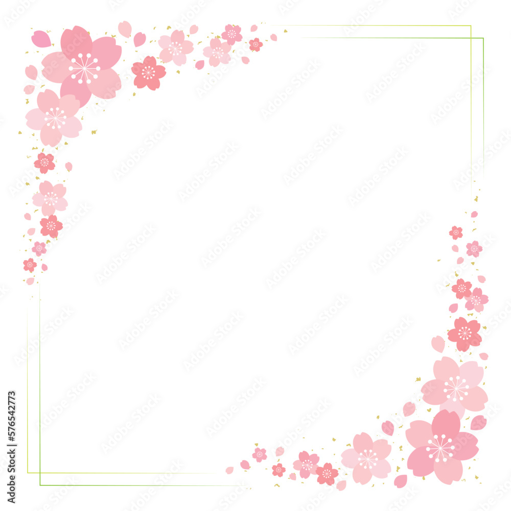 桜の花と細ラインの四角フレーム 背景 バナー/正方形・黄緑