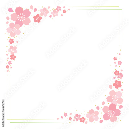 桜の花と細ラインの四角フレーム 背景 バナー/正方形・黄緑