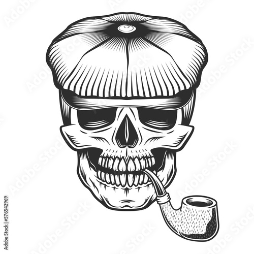 Skull with smoking pipe in the tweed hat flat cap vector vintage illustration