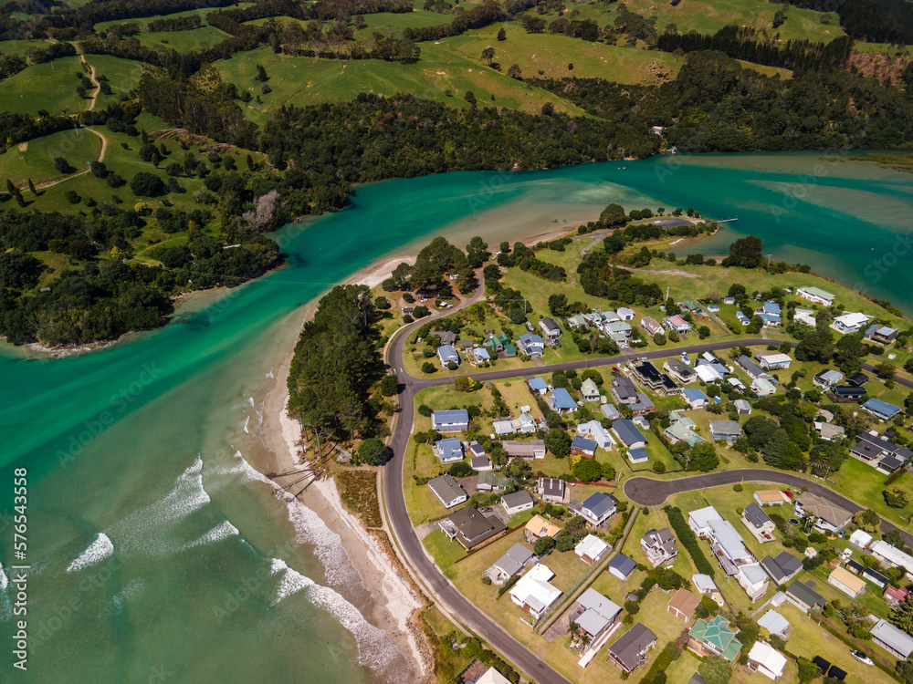 Cooks Beach in summer seen from above. Coromandel Peninsula New Zealand